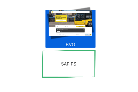 Screenshot der BVG-Website mit einem gelben Bus – Projektbeispiel SAP PS für die Berliner Verkehrsbetriebe.