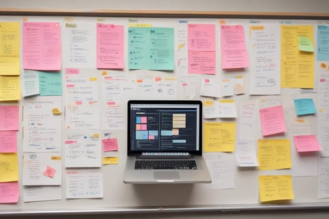 a laptop computer sitting on a white board with sticky notes on it