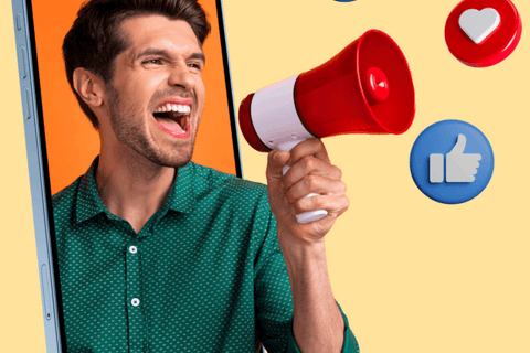 Man with megaphone emerging from smartphone screen surrounded by social media icons, representing in