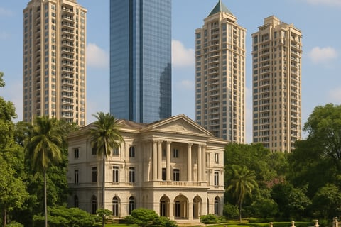 a large building with tall buildings in the background