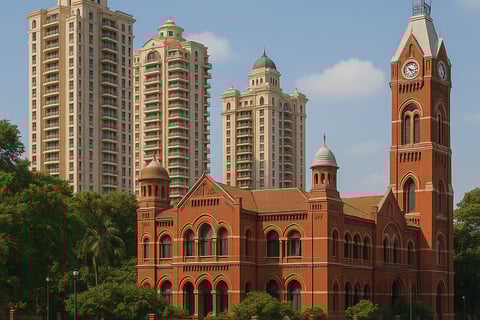 a large red brick building with a clock tower