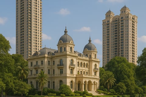 a large building with a large building in the background