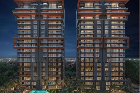 two tall buildings with a pool and a swimming pool