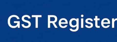 a blue and white logo with the words gst registered