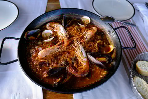 a pan of seafood paella
