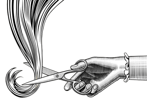 victorian style drawing of scissors cutting long hair