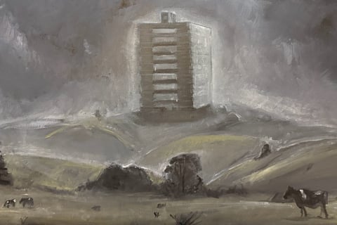 a painting of a misty tower block in the countryside with a cow in the foreground