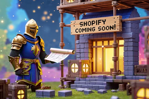 a knight reading blueprints with shop under construction in the background