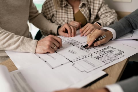 3D remodeling plan showing architectural blueprints and floor layout created during project consulta