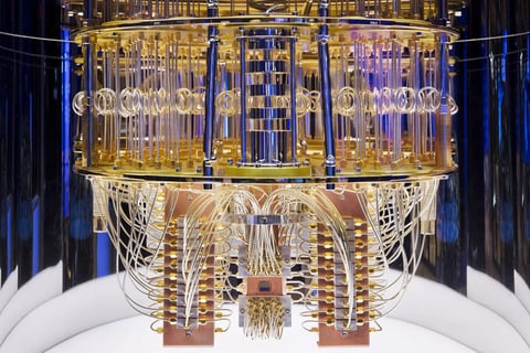 Quantum computer with golden circuits and transparent structures in laboratory setting.