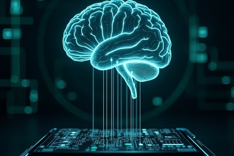 Digital brain connected to computer representing brain-machine interfaces and neuroinformatics.