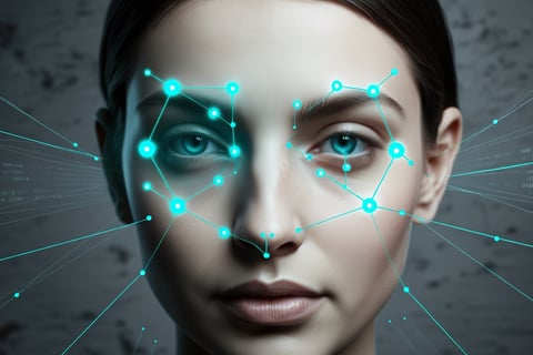 Facial recognition system with mapping points on female face.