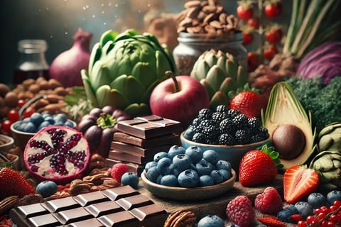 A cinematic and realistic high-quality image of antioxidant-rich foods, including blueberries, dark