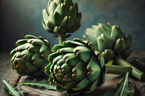 Fresh artichokes resting on a wooden table with dramatic lighting and soft shadows.
