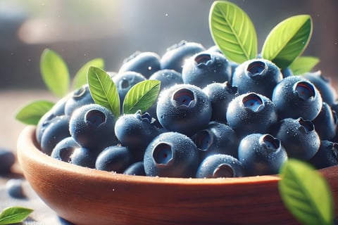 Fresh blueberries in a wooden bowl with soft, natural lighting and a blurred background.