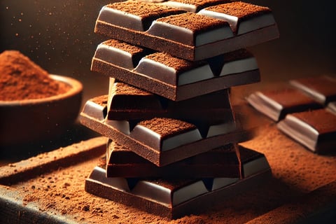 Dark chocolate squares with cocoa powder on a wooden surface, highlighted by warm lighting.