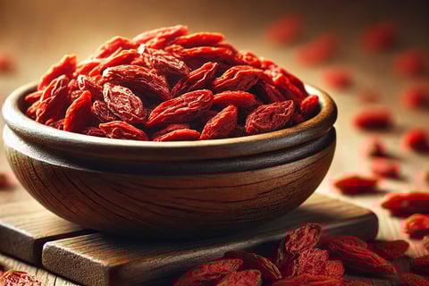 Dried goji berries in a wooden bowl with some spilling onto a table, set against a blurred background.