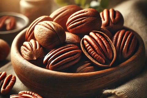 Whole and cracked pecans in a wooden bowl with warm, moody lighting.