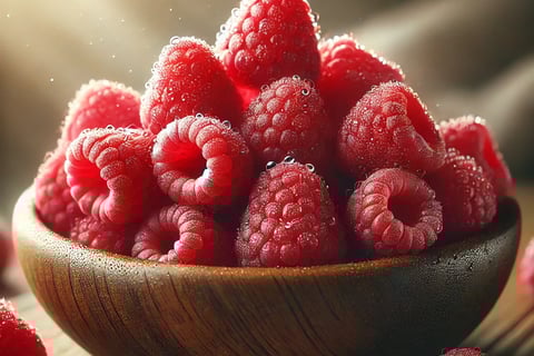 Fresh raspberries in a wooden bowl with dewdrops and a blurred background.