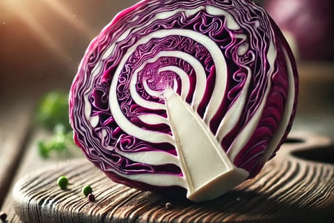 Sliced red cabbage showing its vibrant purple and white layers, set on a rustic wooden table.