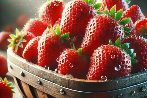 Fresh strawberries in a wooden basket, with a blurred background and natural lighting.