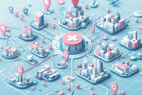a map of a city connecting different healthcare institutions
