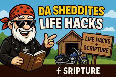 Cartoon biker standing by Da Shed with a sign that says “Life Hacks and Scripture.”