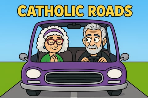 Cartoon of two old folks out for a ride. The husband is watching the road while the wife prays.