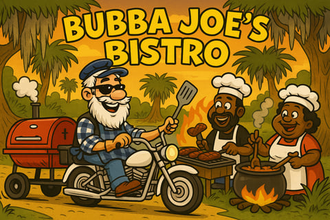 Happy old biker with smoker behind bike in swamps with Soul Food cooks.