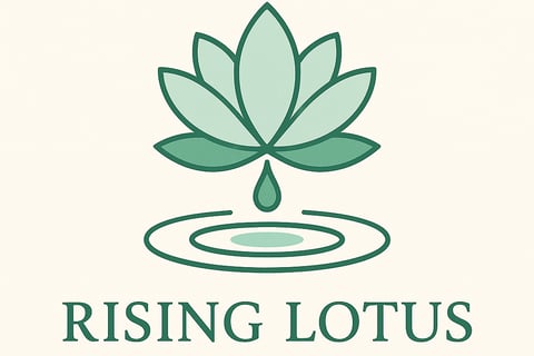 Illustration of a green lotus flower rising out water, with a drip of water that causes a ripple on a cream background