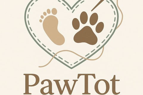 A stitched heart with thread and needle with a paw print and baby footprint inside of the heart. A logo for PawTot