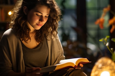 a woman is enjoying reading a book on personal development