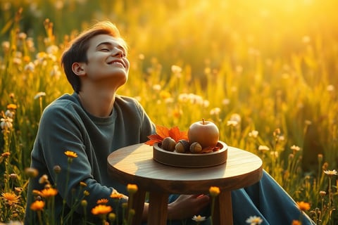 boy relaxing in field of flowers