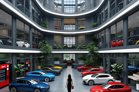 Futuristic virtual dealership showroom featured inside Get Prepped! game environment
