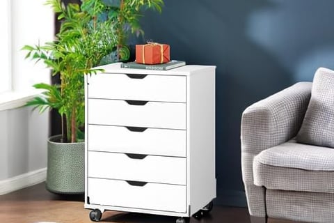 5-Drawer Chest, Art Supply Wood Storage Cabinet with Wheels