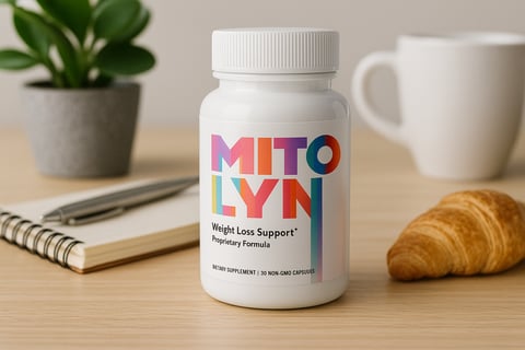 Mitolyn supplement bottle on a breakfast table with coffee and fruit.
