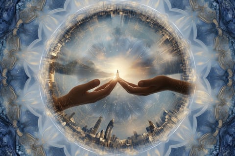 two hands holding hands with a sun in the background
