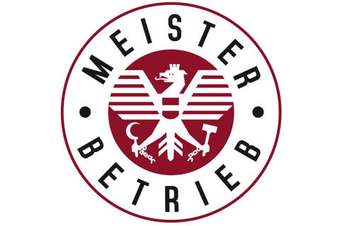 Offizielles Gütesiegel ‚Meisterbetrieb‘ mit stilisiertem Adler und Werkzeugen – Zeichen für geprüfte Handwerksqualität in Öst