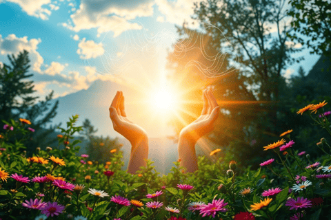 hands holding up a sunflower in the sun