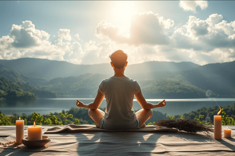 a person sitting in a meditation position on a blanket