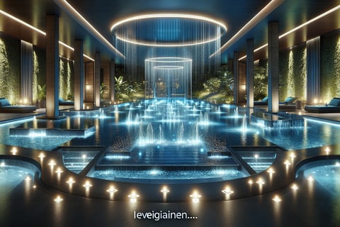 a pool with a waterfall and a waterfall in the background