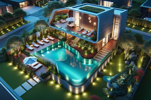 a house with a pool and a pool in the middle of the night