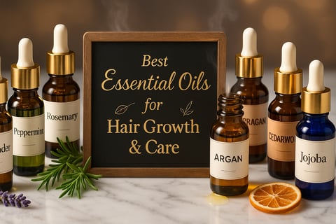 Essential oils for hair growth with labelled bottles and signboard on display