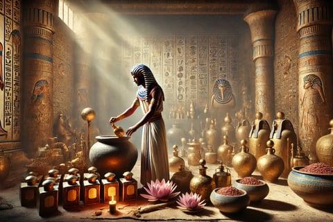 Ancient Egyptian priest preparing oils in temple, surrounded by jars and hieroglyphs