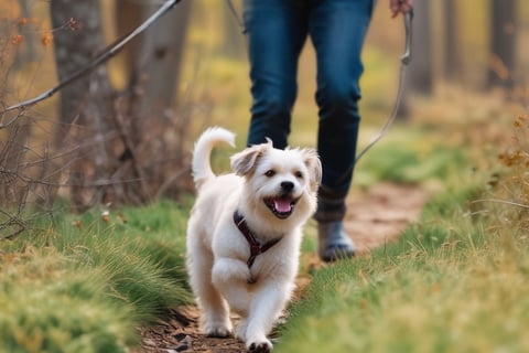 A small fluffy Dog strolling through the Woods on a leash