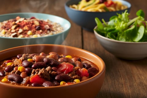 A hot bowl of chili, in the background a bowl of salad, oatmeal and pasta.