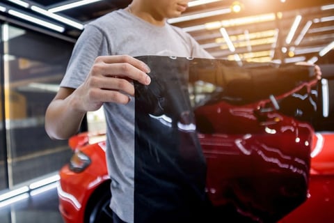 a man in a gray shirt is holding a bag of black paper