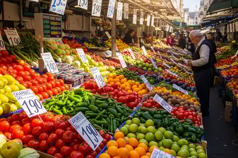 Gere uma imagem: Foto de feira ou mercado com frutas, verduras e etiquetas de preços em destaque
