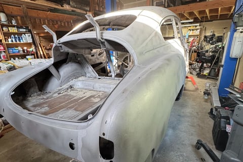 1951 Chevy fresh out of blasting. Trunk floor is going to be cut out.