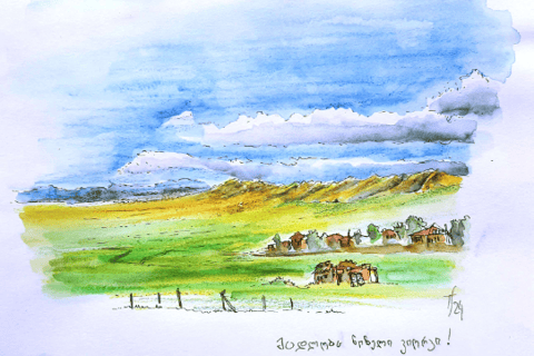 Paysage coloré de la steppe où tronent les restes de la ville d'Udabno, Géorgie